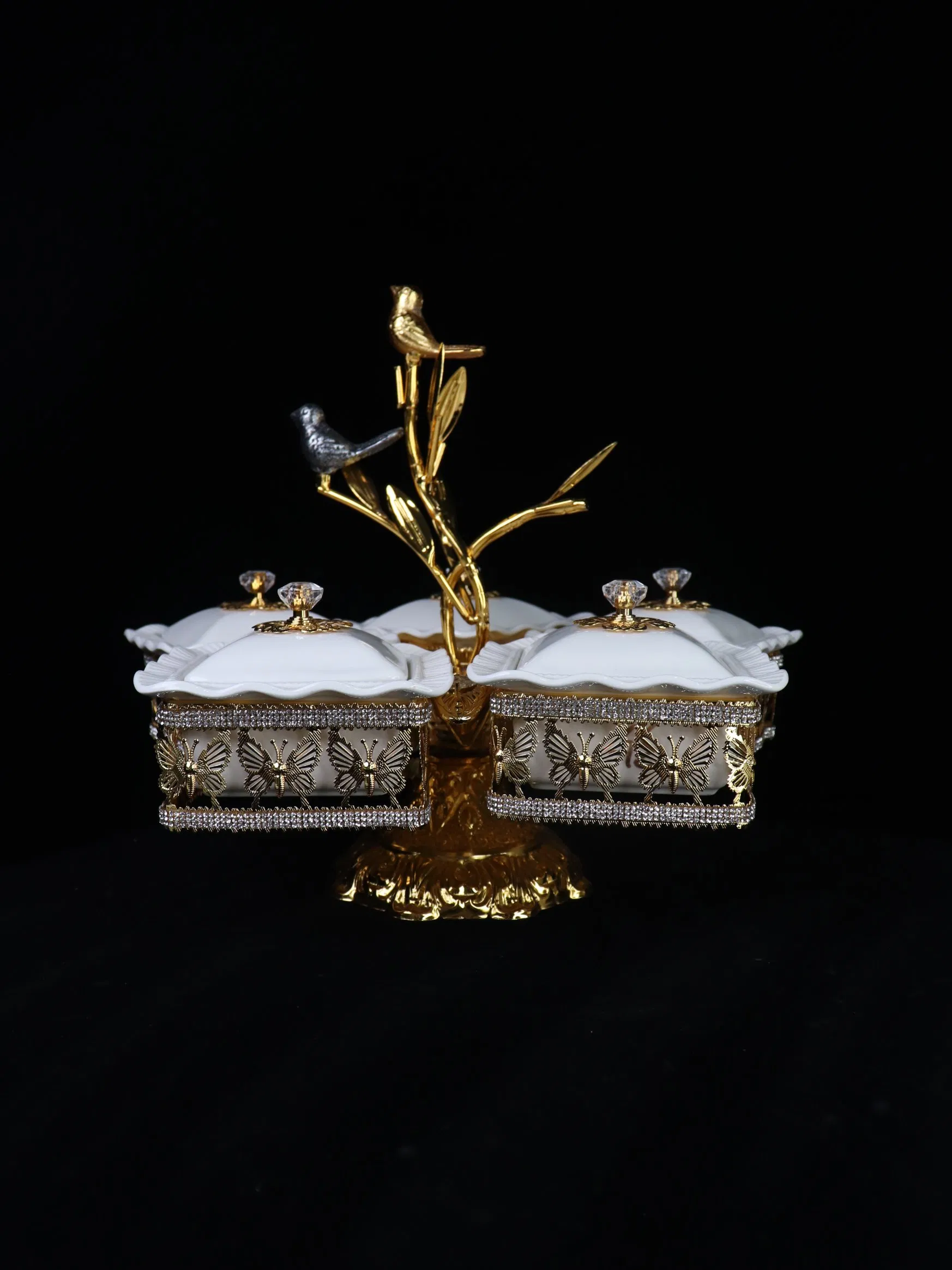 Home Ornament Gold-Plated Iron Frame with 5 Square Ceramic Bowl