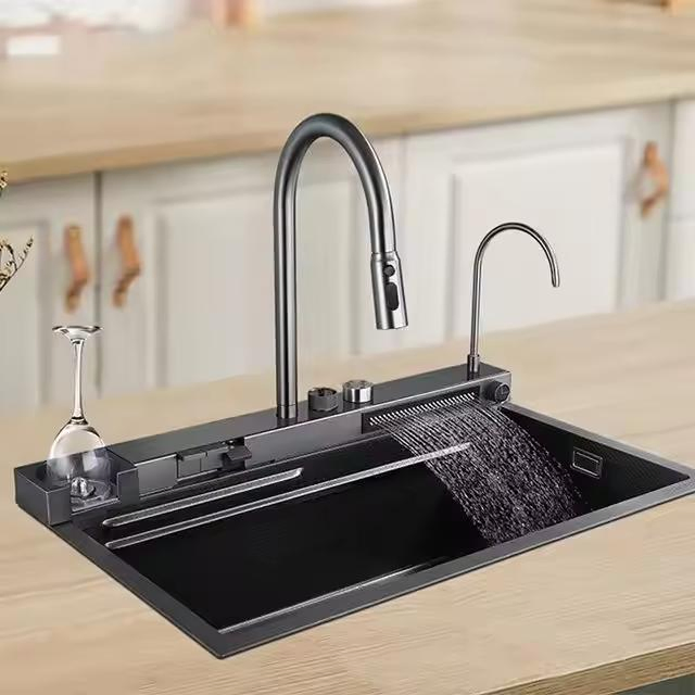 2024 New SUS 304 Handmade Multi Functional Nano Dark Grey Kitchen Sink with Waterfall Faucet