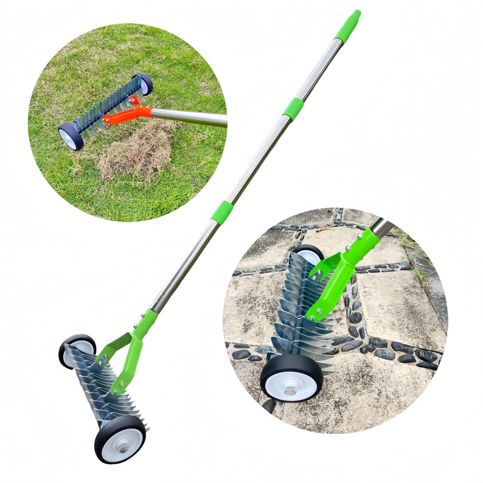 1.3m Garden Lawn Rake with Wheels for Thatch and Grass Removal