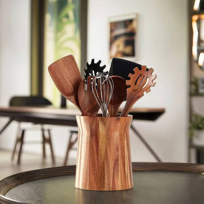 360° Rotating Large Acacia Wood Utensil Holder Carved Technics Wooden Countertop Organizer for Farmhouse Kitchen Decor