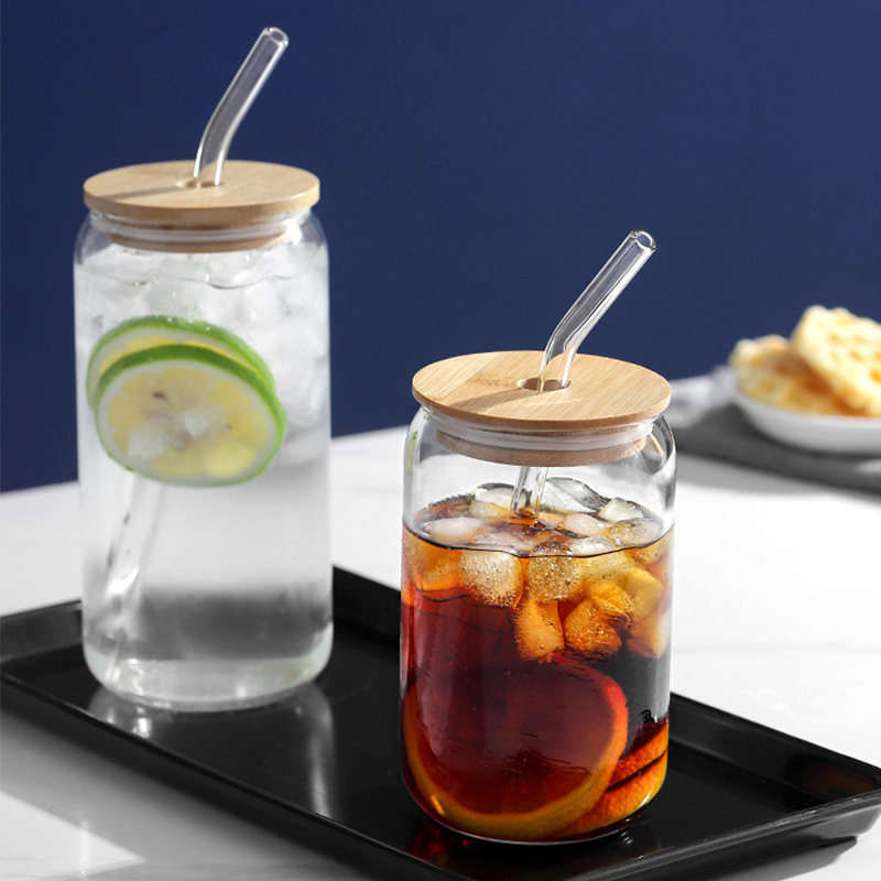 Drinking Glasses with Glass Straw 16oz Can Design Glass Cups Beer Glasses Iced Coffee Glasses Tumbler Cups