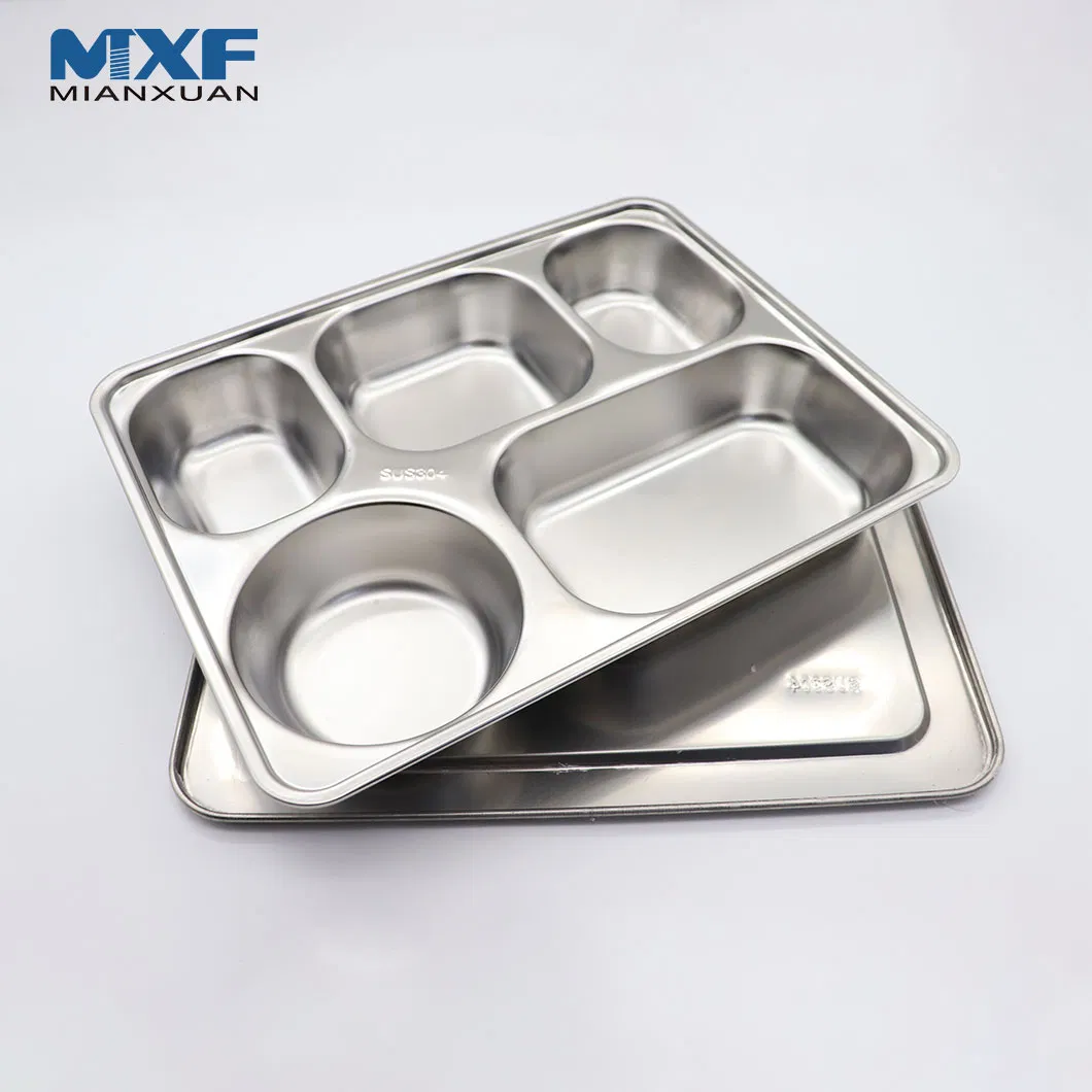 Wholesale Customized Logo Dinner Plate SUS 304 Stainless Steel Fast Food Tray SUS316 Rectangular Divided Tray Lunch Tray with Cover