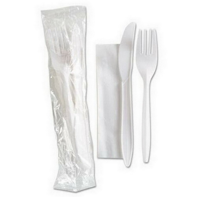 Medium Weight White Plastic Disposable Cup Cutlery Set with Napkin