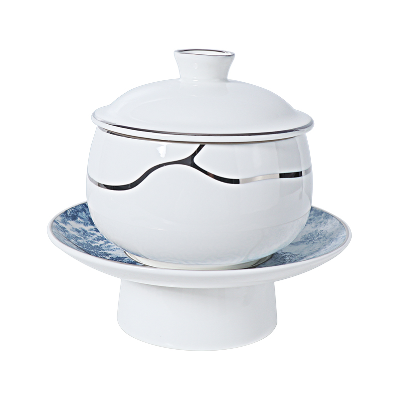 Nordic Luxury Blue White Ceramic Bowls Cover Lid Bone China Tureen