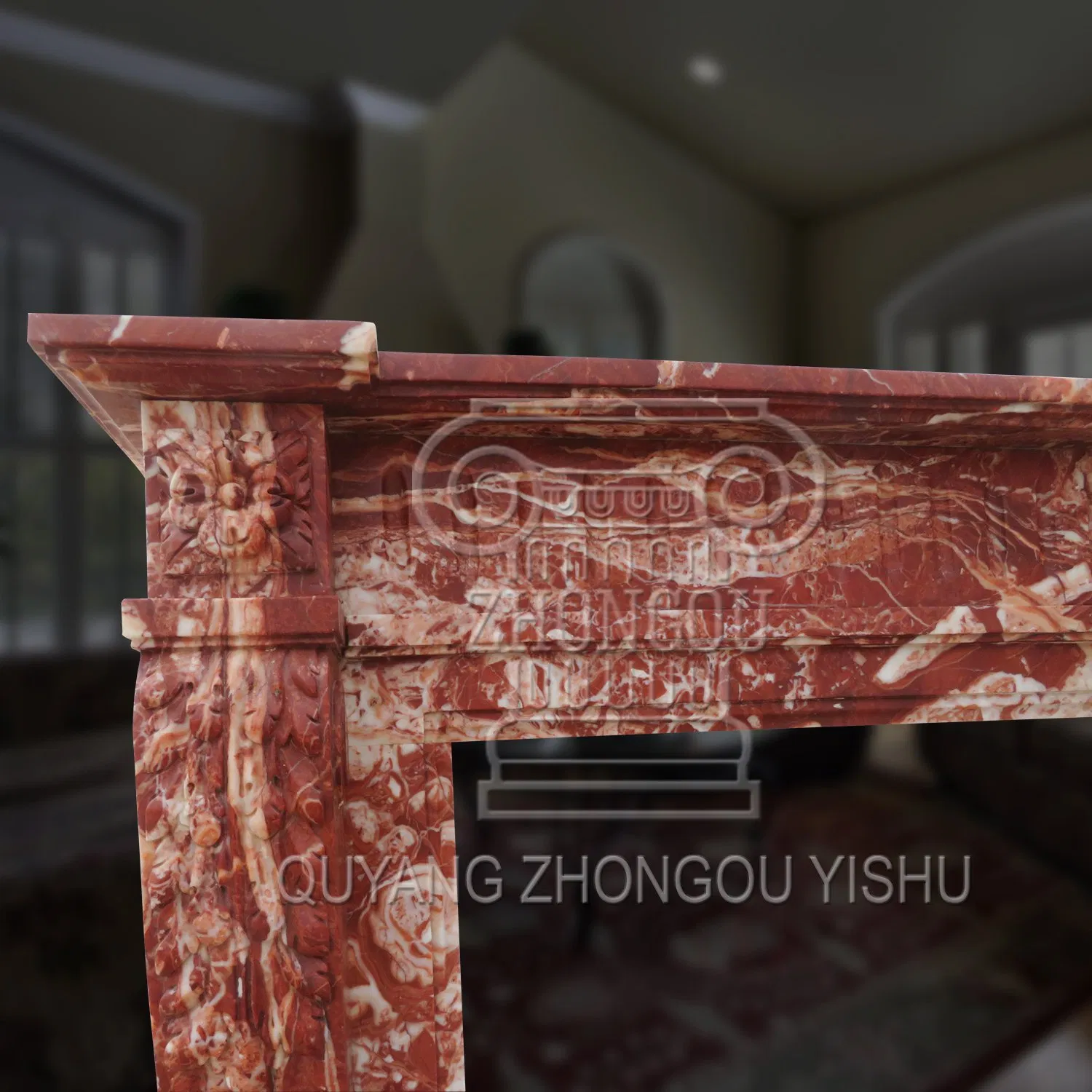 Beautiful Cock-Red Marble Carving Mantel Fireplace for Home Decoration