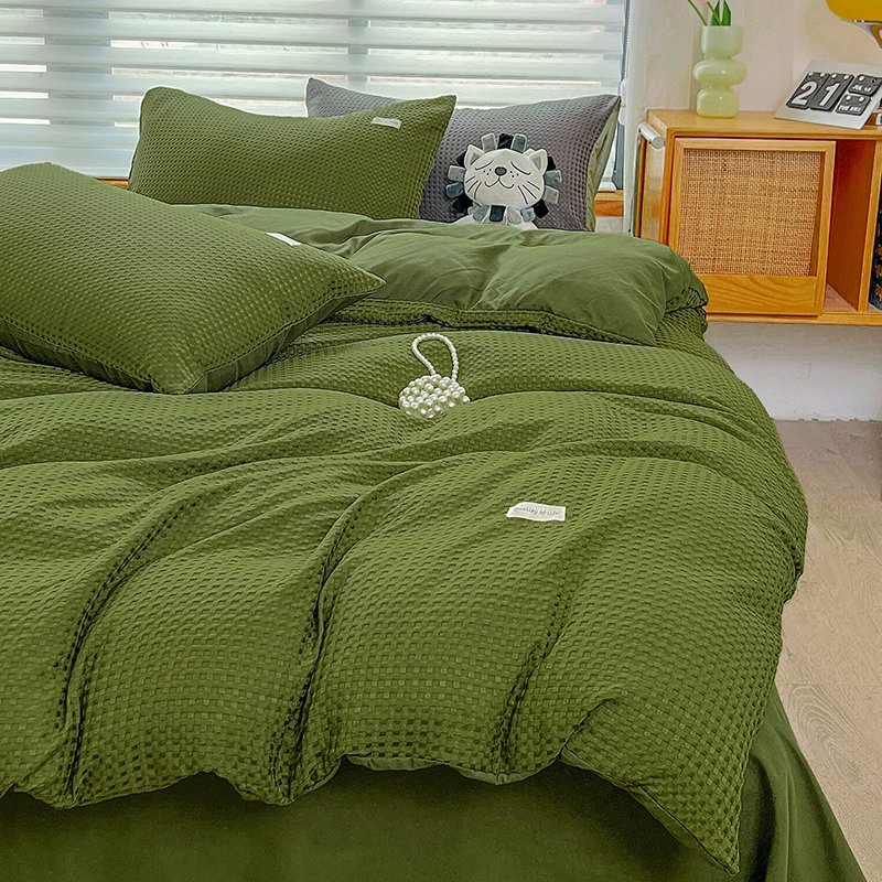 Washed Microfiber Waffle Solid 4PCS Bedsheet Set with Duvet Cover Flat Bedsheet for Hotel Home Wedding