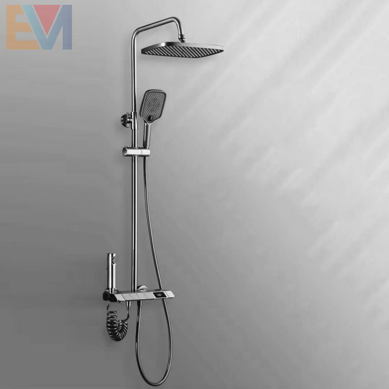 Metal Gun Luxury Hotel 4 Function Rainfall Head Shower Column System Set Exposed Wall Mount Bathroom Wash Room Piano Shower Set
