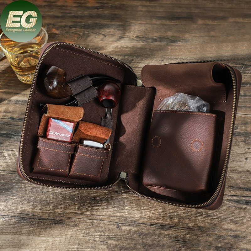 Ga170 Wholesale Industrial Empty Packaging Upper Pipe Smoking Pouch Bags Cigar Kit Raw Smoked Zipper Gift Vintage Genuine Leather Chew Tobacco Bag