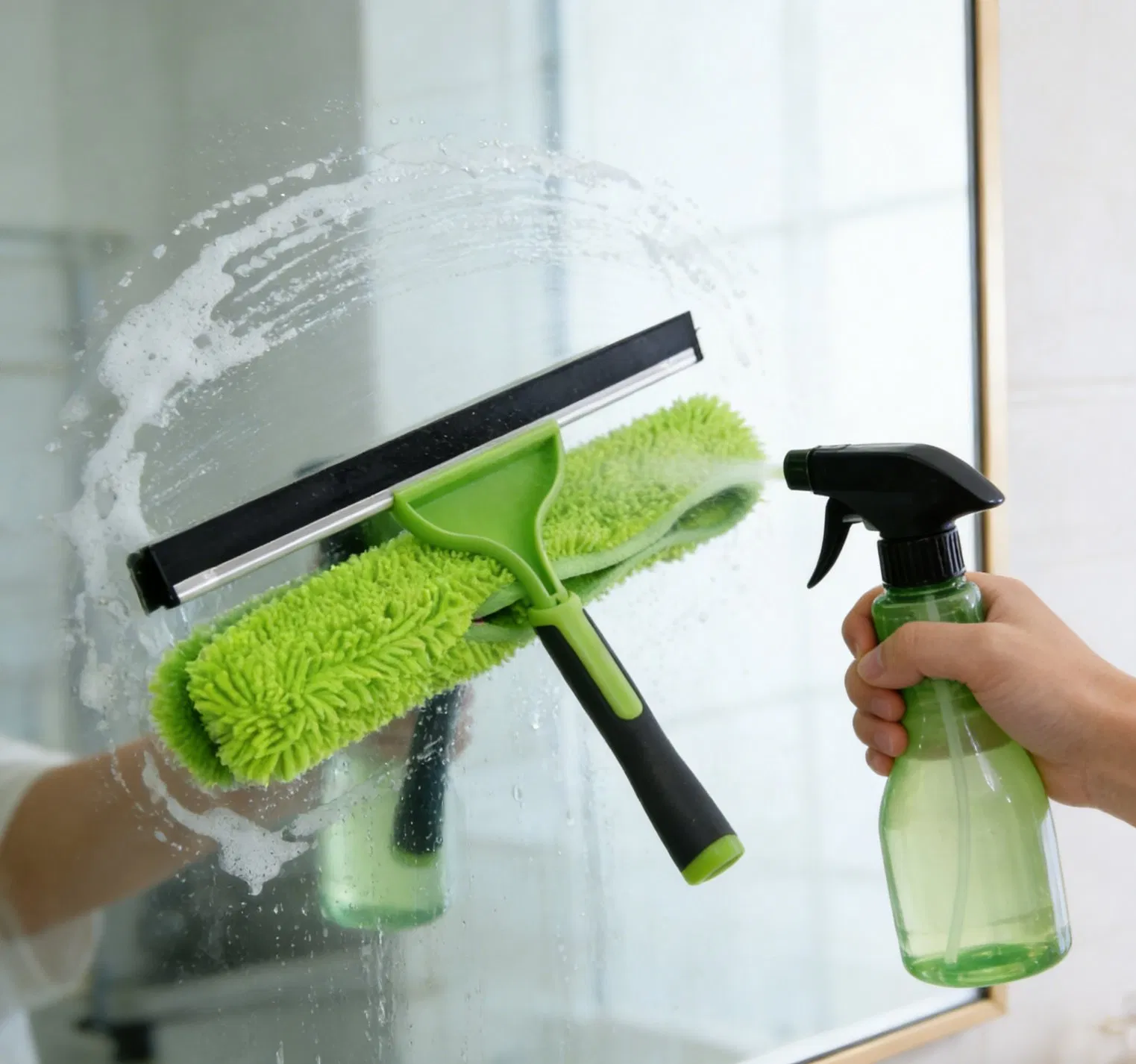 New 2-in-1 Spray Window Cleaning Squeegee with Rubber Blade & Chenille Cloth Efficient Glass Cleaner for Shower Doors & Windows