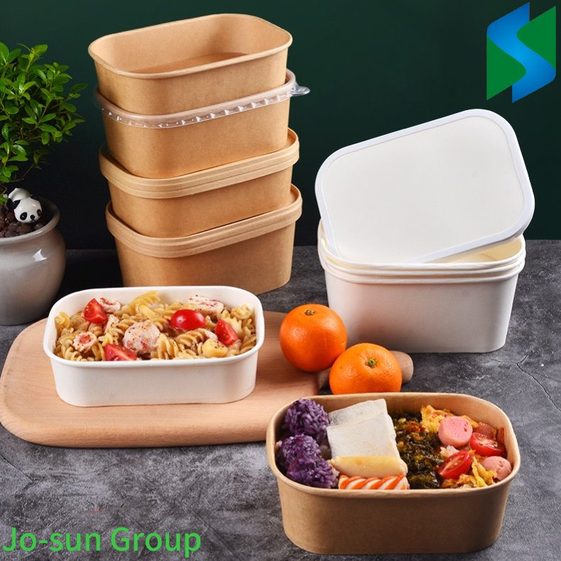 Jo-Sun Wholesale Rectangle Logo Lid Rectangular Takeway Takeaway Kraft Food Large Salad Paper Bowl Disposable 500ml