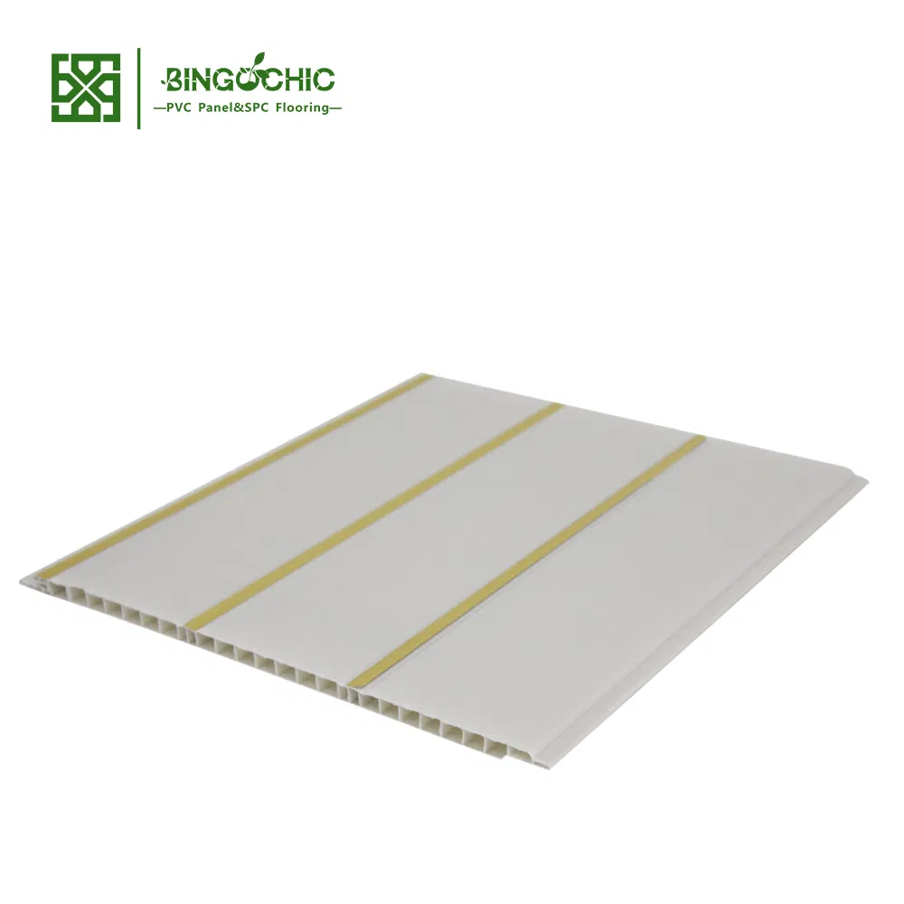 Three Sliver Gloden Lines Printing PVC Tiles Ceiling Panel