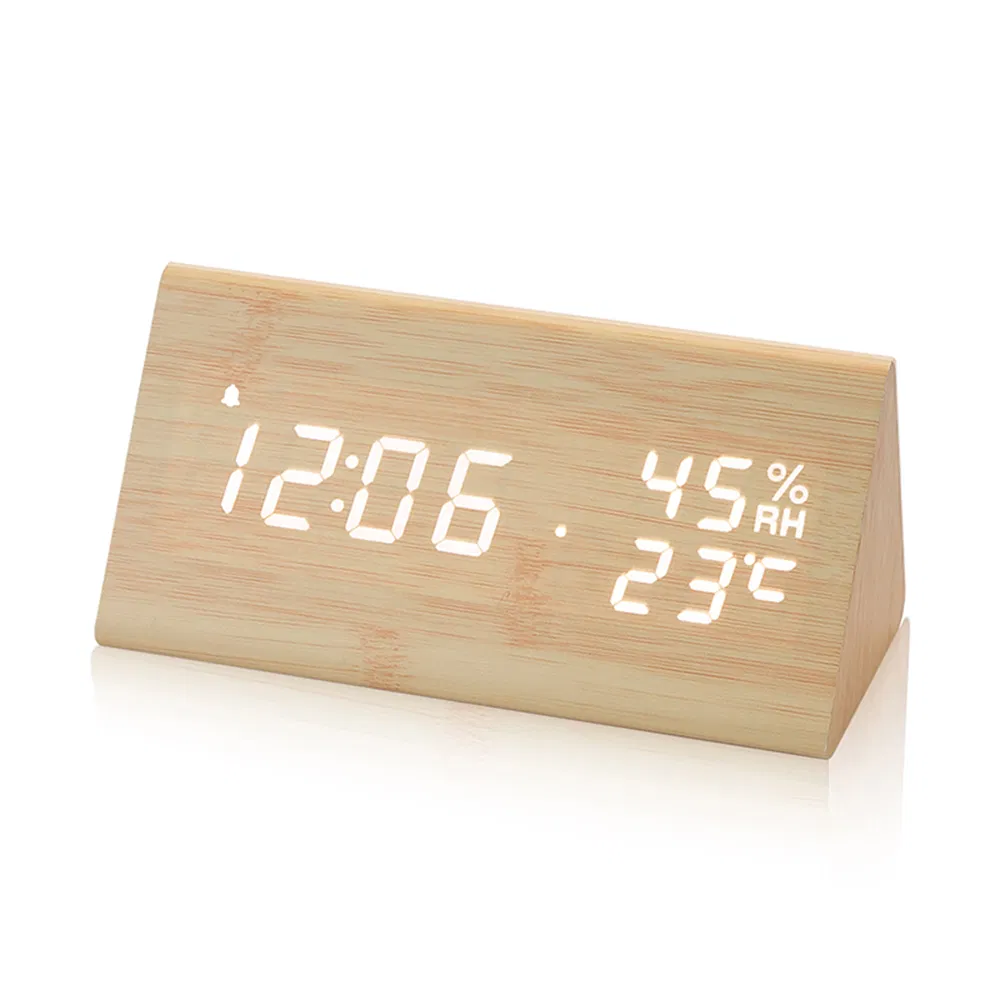 Humidity LED Calendar Alarm Clock Wood Decorative Table Triangle Clock