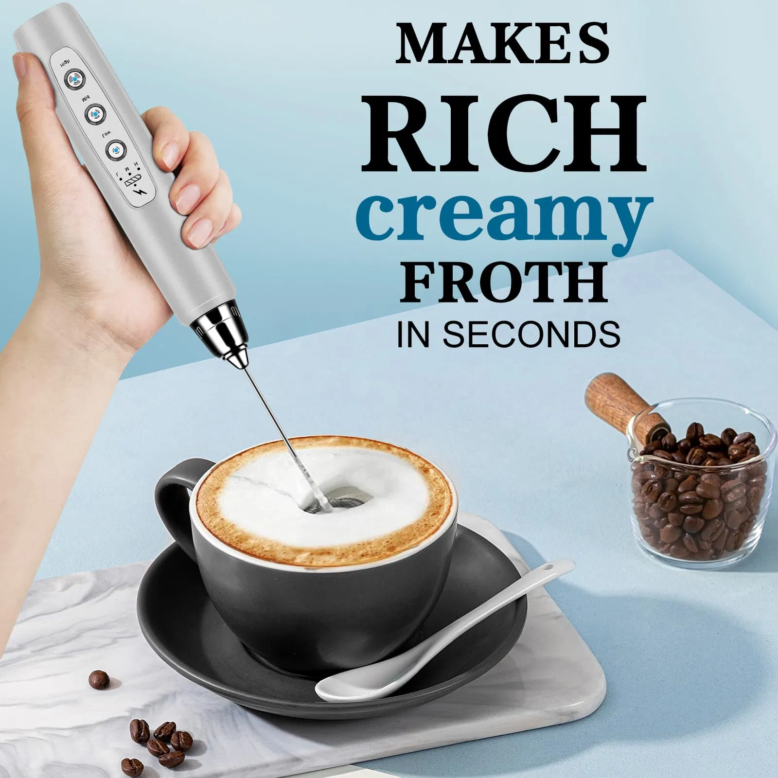 Rechargeable Milk Frother Handheld for Coffee, Electric Whisk 3 Speed Adjustable