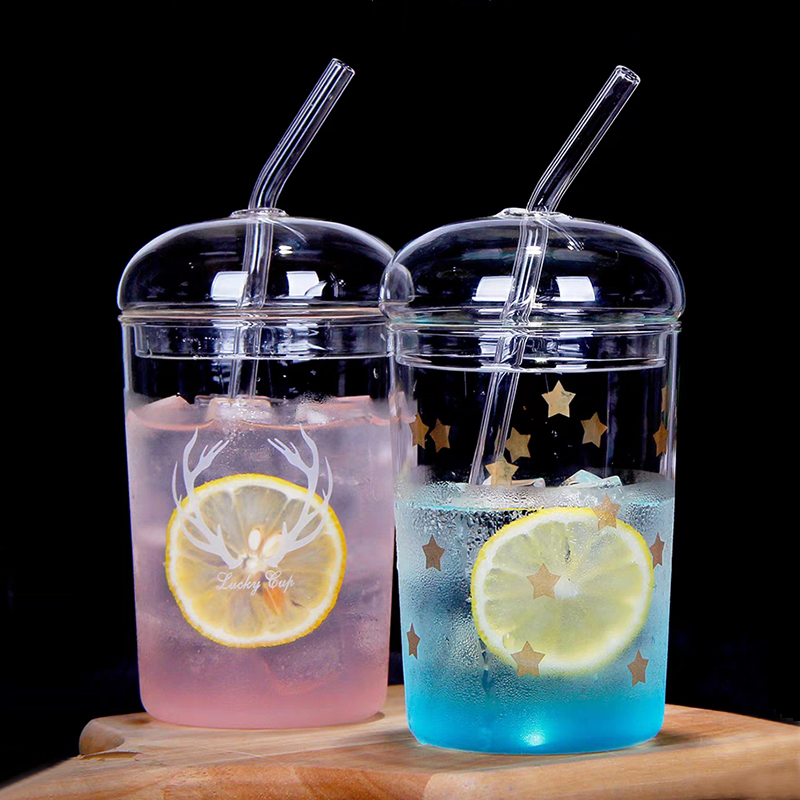 Handmade Borosilicate Single Wall Smart Mug with Glass Straw and Lid for Lemon Water Juice Tea Set