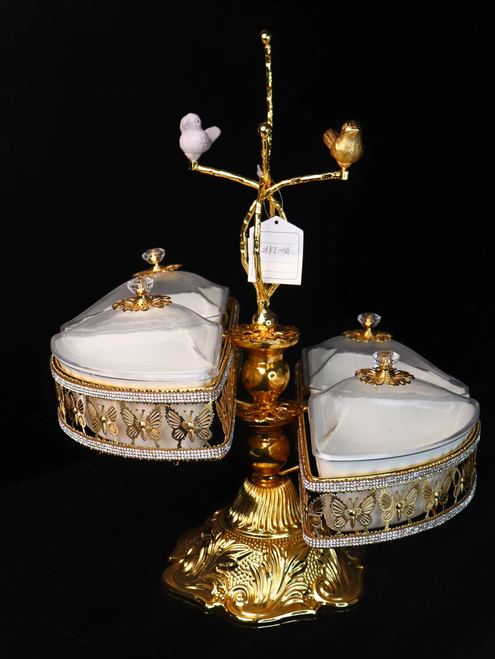Home Ornament Gold-Plated Iron Frame with Large Size Four-Panel Ceramic Bowl