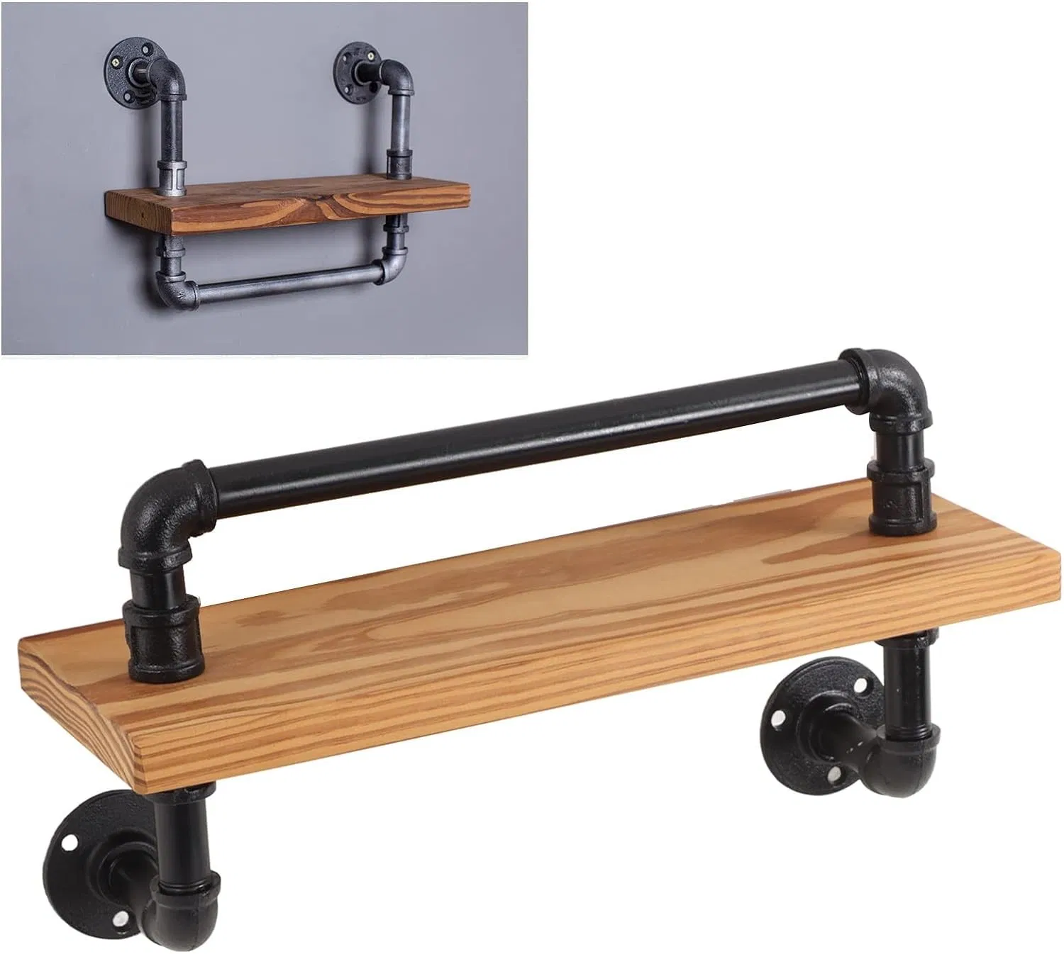 Retro Wall Mounted Shelf - Durable Wood and Wrought Iron Pipe Design for Home Bar and Kitchen