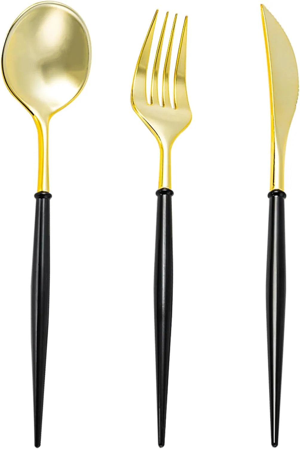 Gold Plastic Cutlery Set with Black Handle Fancy Plastic Silverware, Heavy Duty Spoons, Forks, Knives for Halloween and Everyday Use
