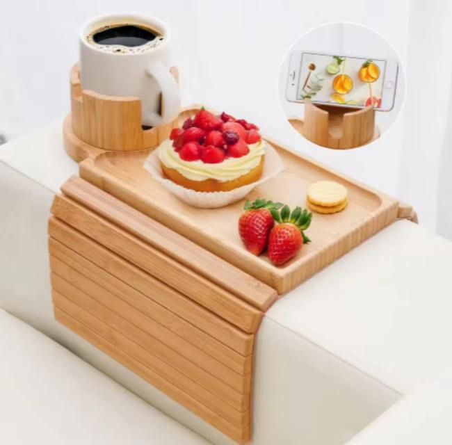 Foldable Bamboo Couch Cup Holder Storage Tray Wooden Sofa Armrest Tray