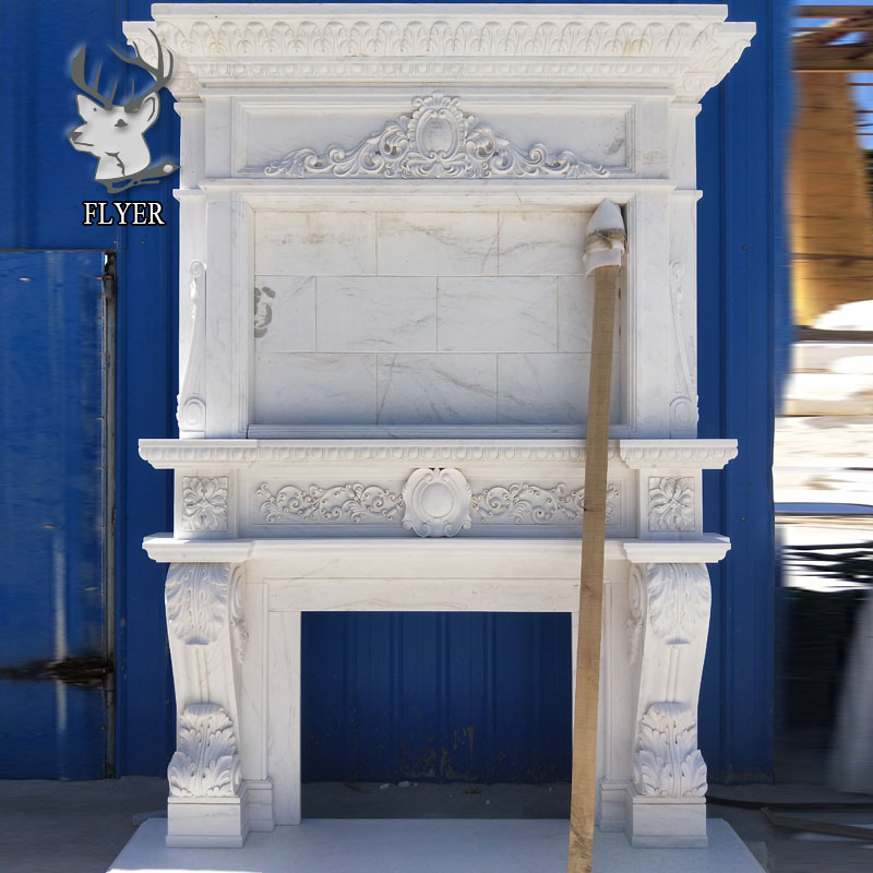 Natural Stone Hand Carved Wall Decoration Luxury Large Customized White Overmantel Double Marble Mantel Fireplace