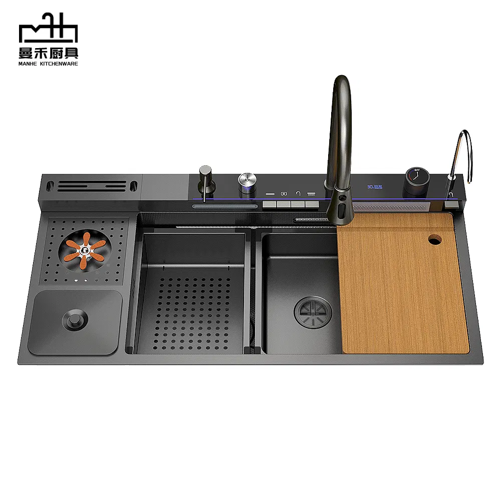 New Stainless Steel Kitchen Sink Smart Waterfall Sink with Garbage Bin and Toolbox