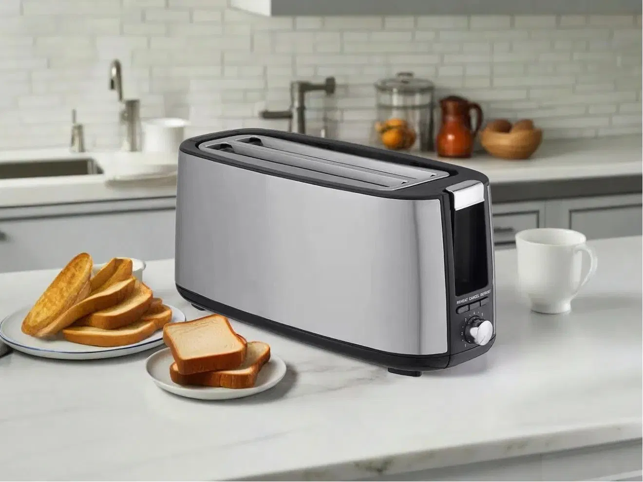 Compact 4 Slice Long Toaster with Extra Wide Slots for Bagels and Bread