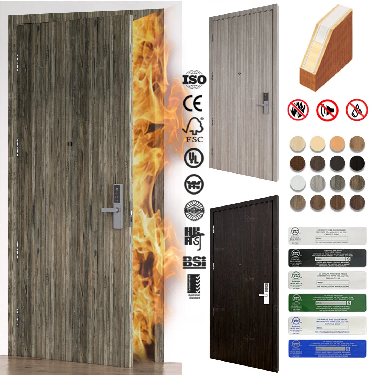 En16034 CE Certified 30 60 90 Minutes HPL Fire Resistance Wood Laminate Door Timber Composite Fire Door for Hotel Guest Room