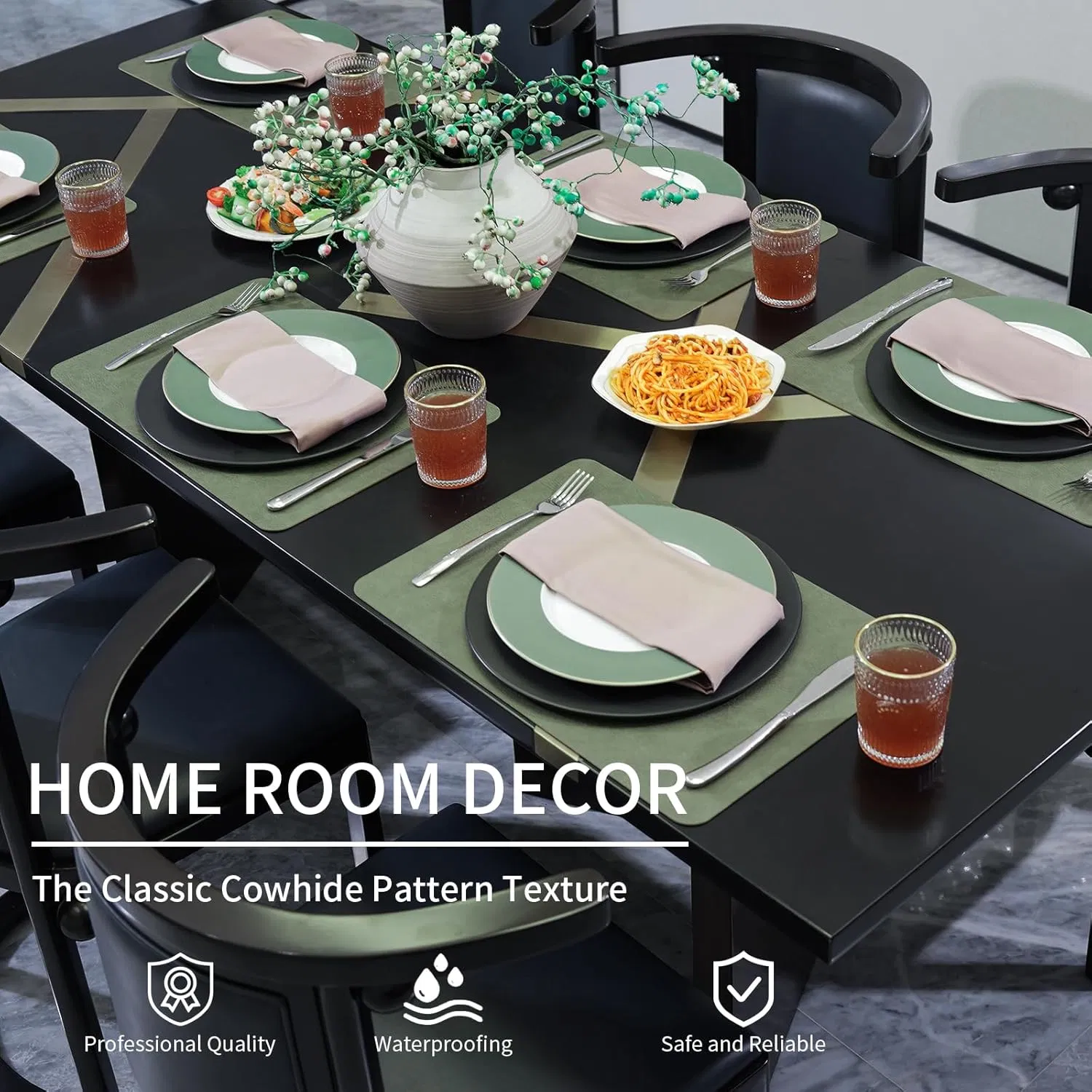 Cowhide Pattern Faux Leather Placemats Set of 6,Heat Resistant Non-Slip Waterproof Wipeable Washable Kitchen Dining PU Table Place Mats,Double-Sides Available,D