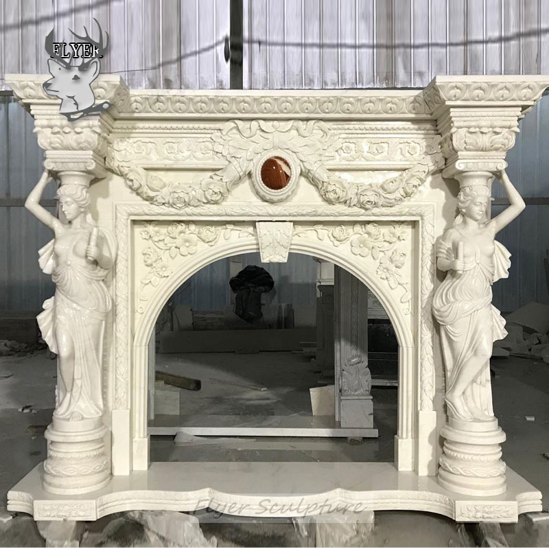 China Factory Wholesale Natural Marble Fireplace Mantel Surround with Stone Carving Flowers