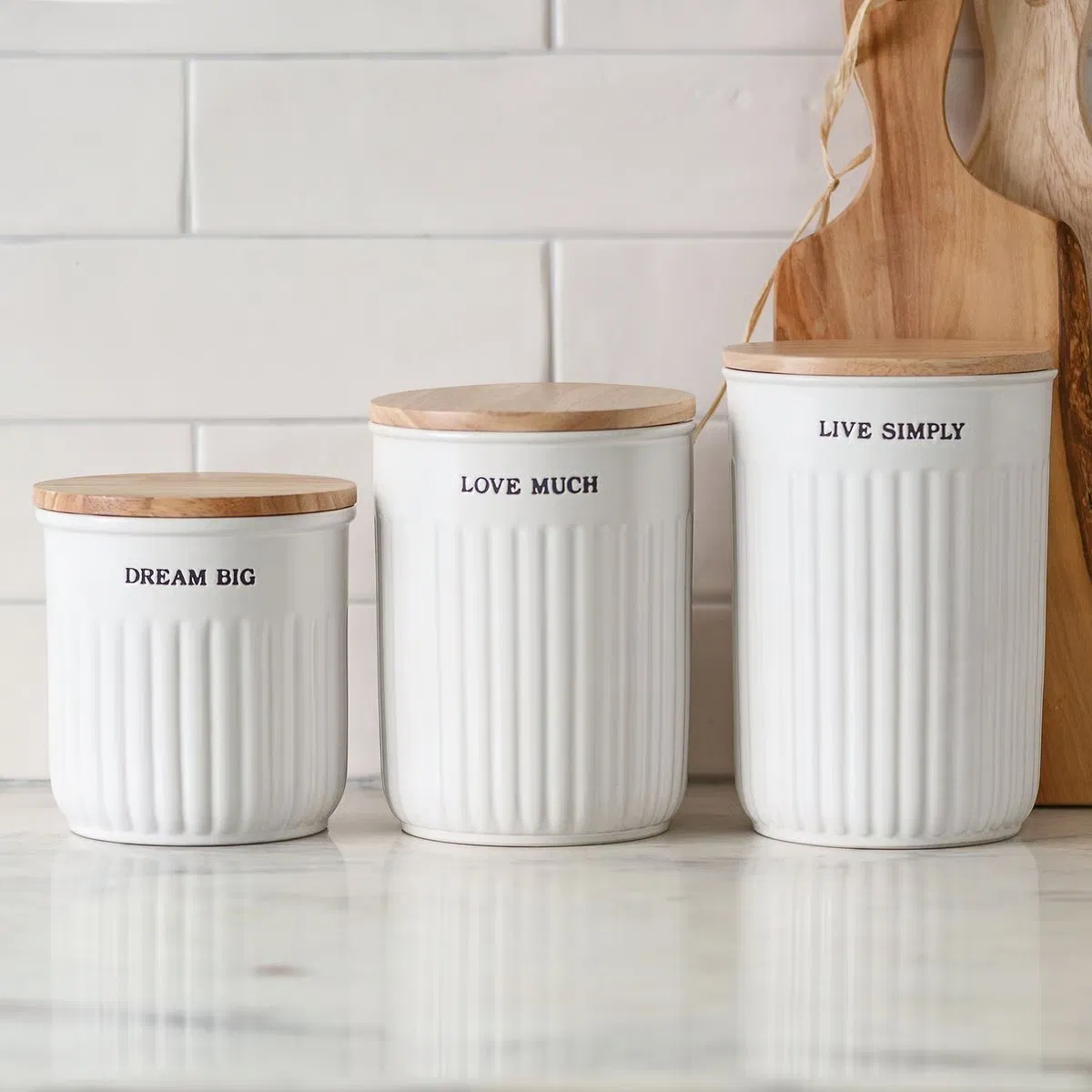 Modern Vertical Stripe Ceramic Canister for Kitchen Storage Solutions with Wood Lid