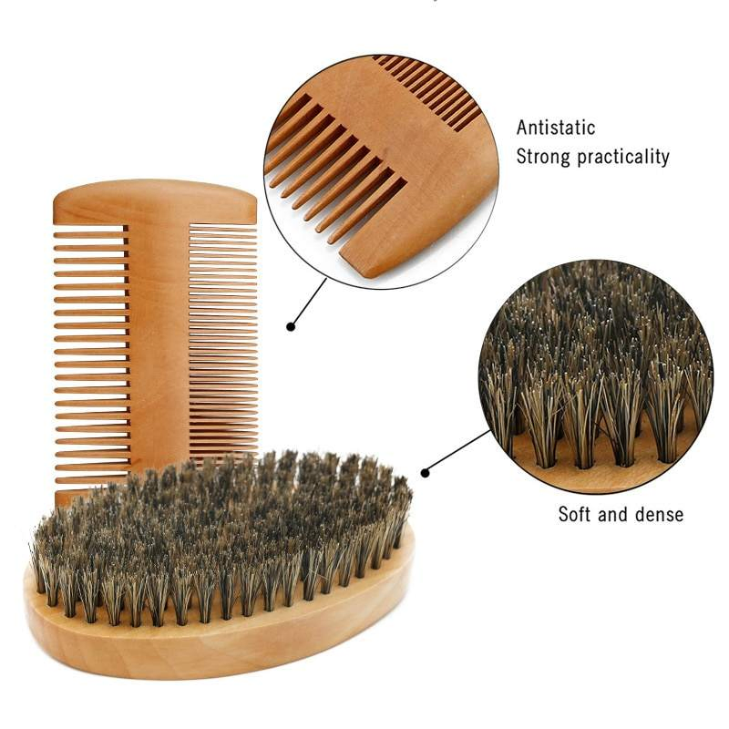 Private Label Bamboo Wooden Boar Bristle Beard Shaving Brush and Comb Set for Men Wholesale Custom Logo Beard Brush and Comb Kit
