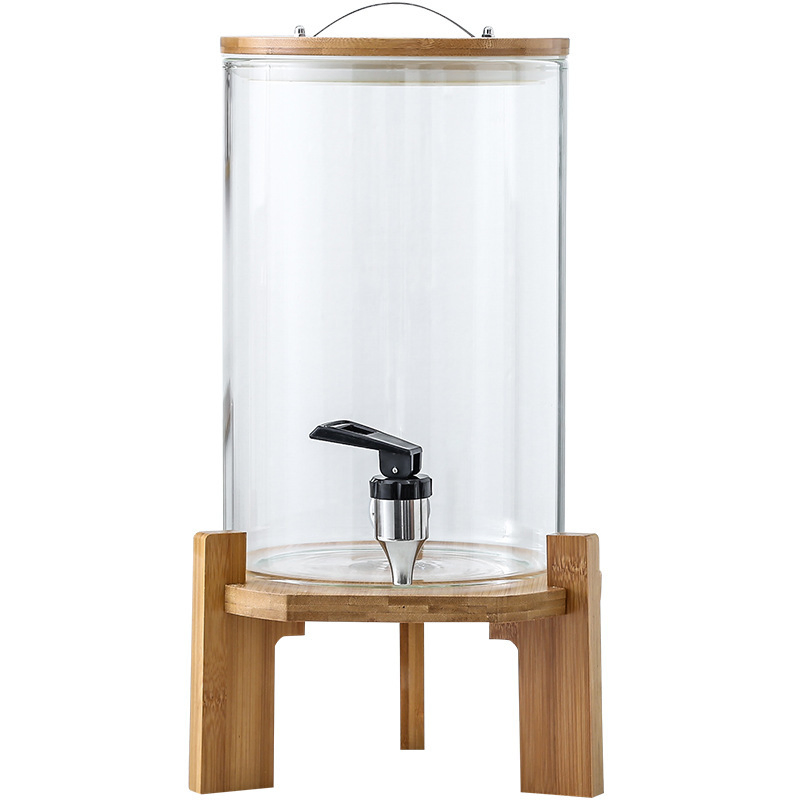 Large Glass Beverage Dispenser Big Jar with Tap and Wooden Support