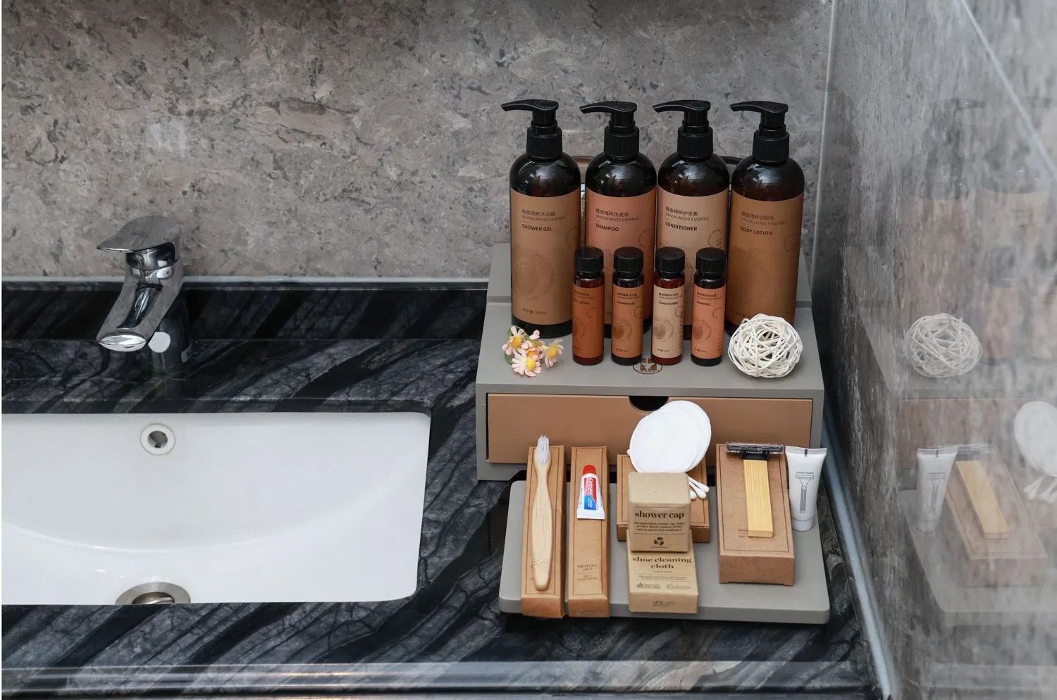 Sandalwood Essential Oil Body Wash Lotion Shampoo Conditioner Hotel Bath Products with Aloe Vera Ingredients and Shea Butter - Exclusive to Hotel Resort SPA