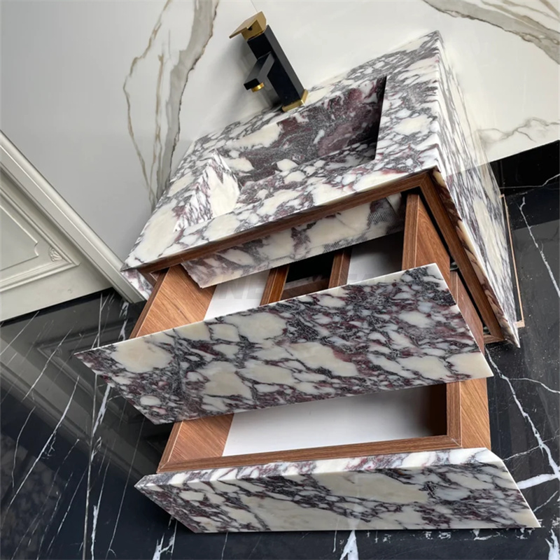 Modern Calacatta Viola Marble Sink Powder Room Floating Basin Marble Vanity Cabinet Drawers Bathroom Vanity