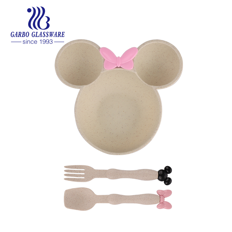 Cheap Wheat Straw Unbreakable Plastic Animal Design Dish with Stainless Steel Bowl Cute Spoon Fork for Children Use with Foods Separation