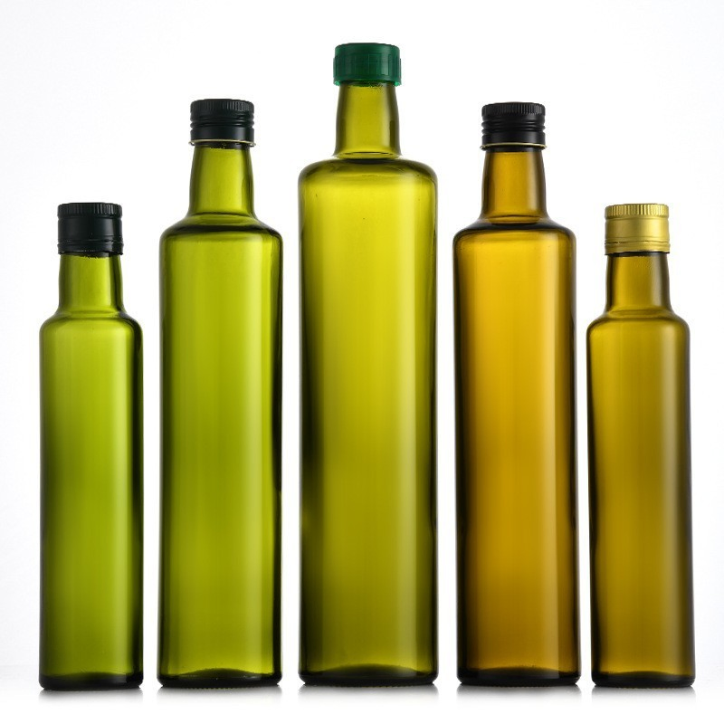 Glass Olive Oil Dispenser Empty Round Clear Oil and Vinegar Cruet Bottle with Pourers Seal Caps for Kitchen