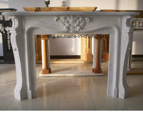 White/Beige Stone Fireplace, Electric Fireplace and Marble Fireplace Mantel