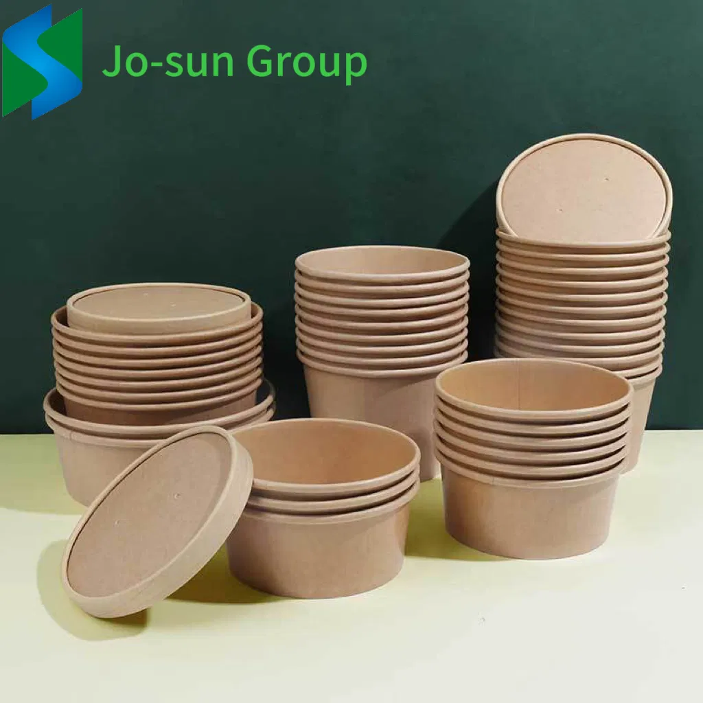 Jo-Sun Brown with Lid Round Disposable Rice Food Container Kraft Paper Noodle Bowl for Take out