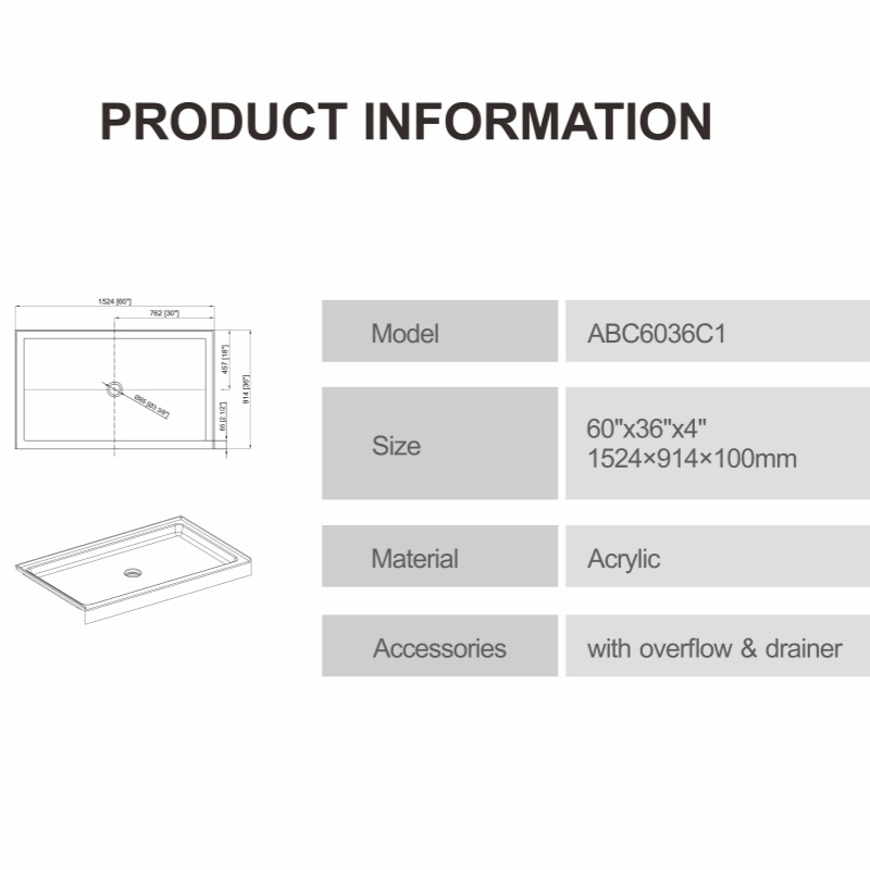 60"*36"*4" Rectangle Shaped White Acrylic Single Threshold Shower Tray