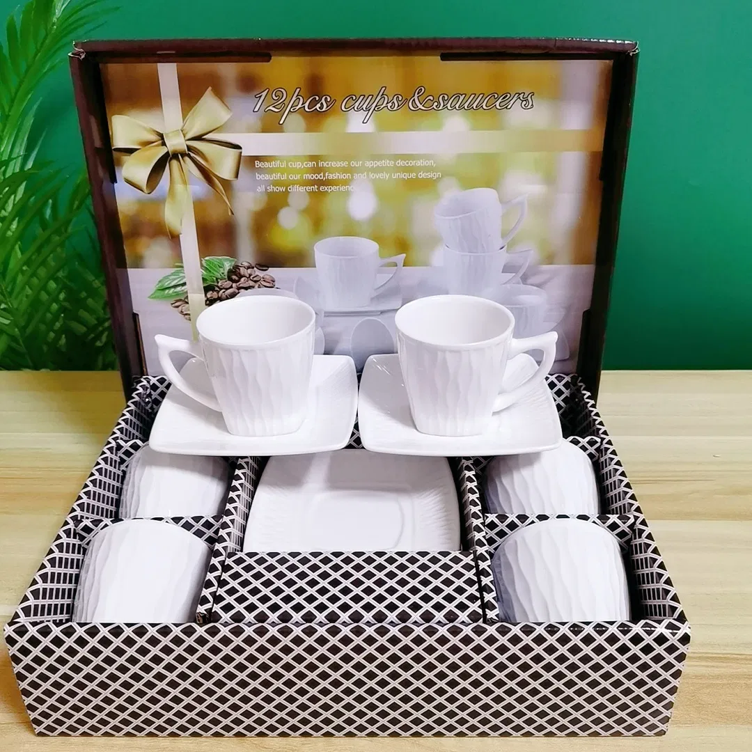 Low Price Hot Sell European Style Porcelain Espresso Cups White Simple Embossed Pattern 12PCS Ceramic Coffee Cups and Saucers in Gift Box