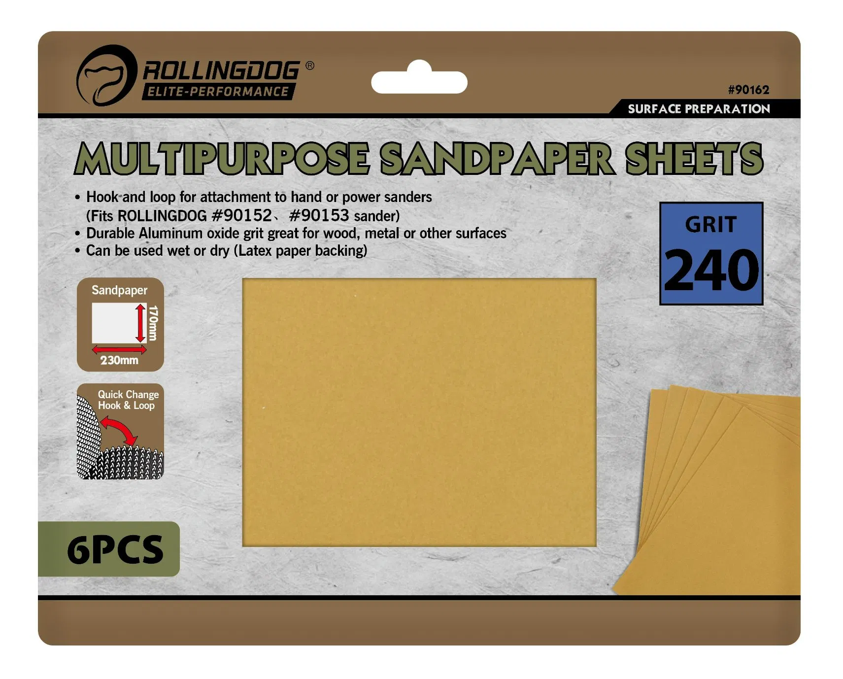 Rolingdog-Elite 90162 Multipurpose Sandpaper Sheets (6PCS) 240 Grit