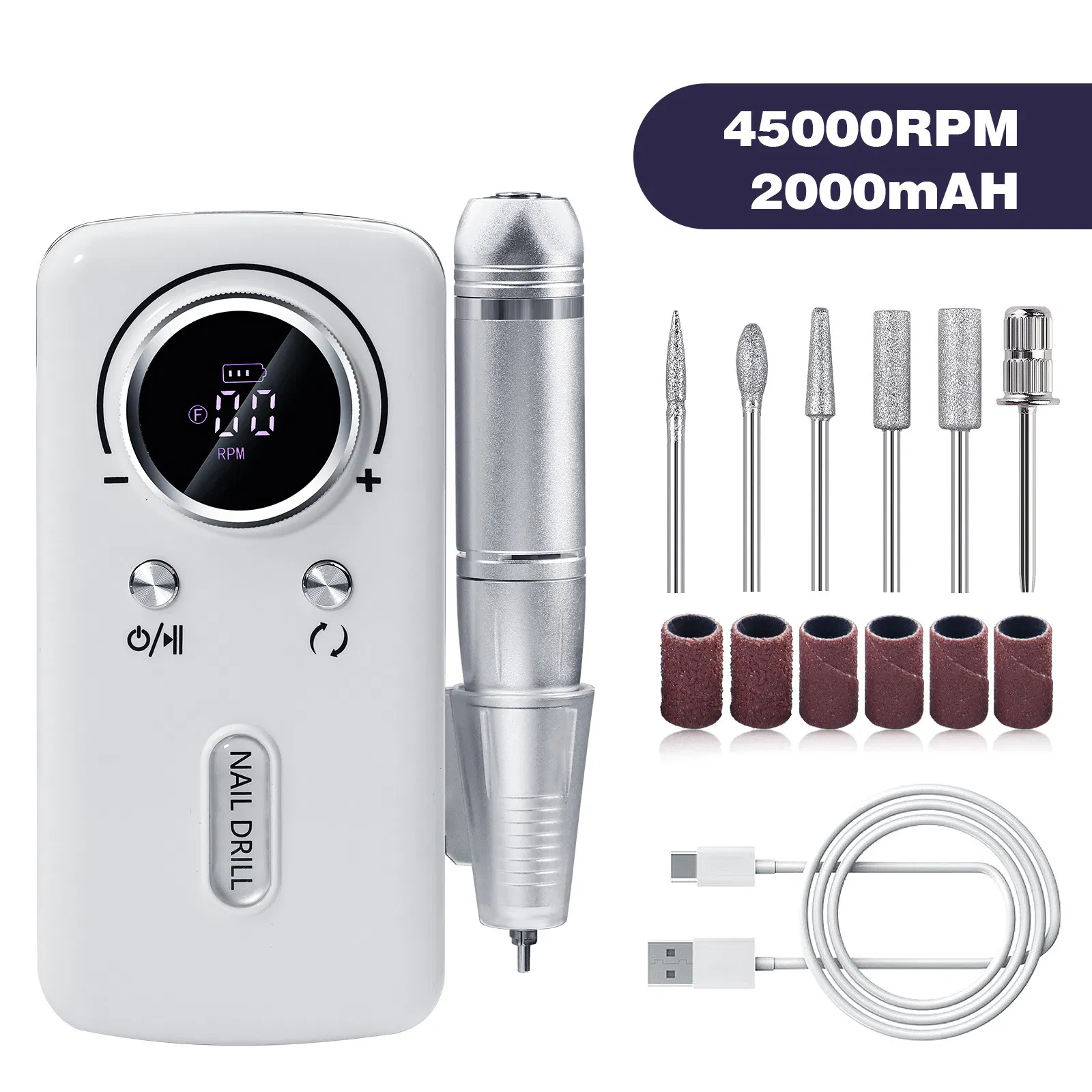 Professional 45000 Rpm Nail Drill with Bits Kit Rechargeable