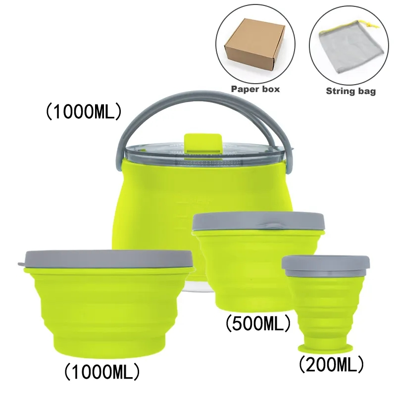 Four Plece Set Portable Silicone Camping Collapsible Kettle Pot Bowl Cups Cook Set with Custom Logo