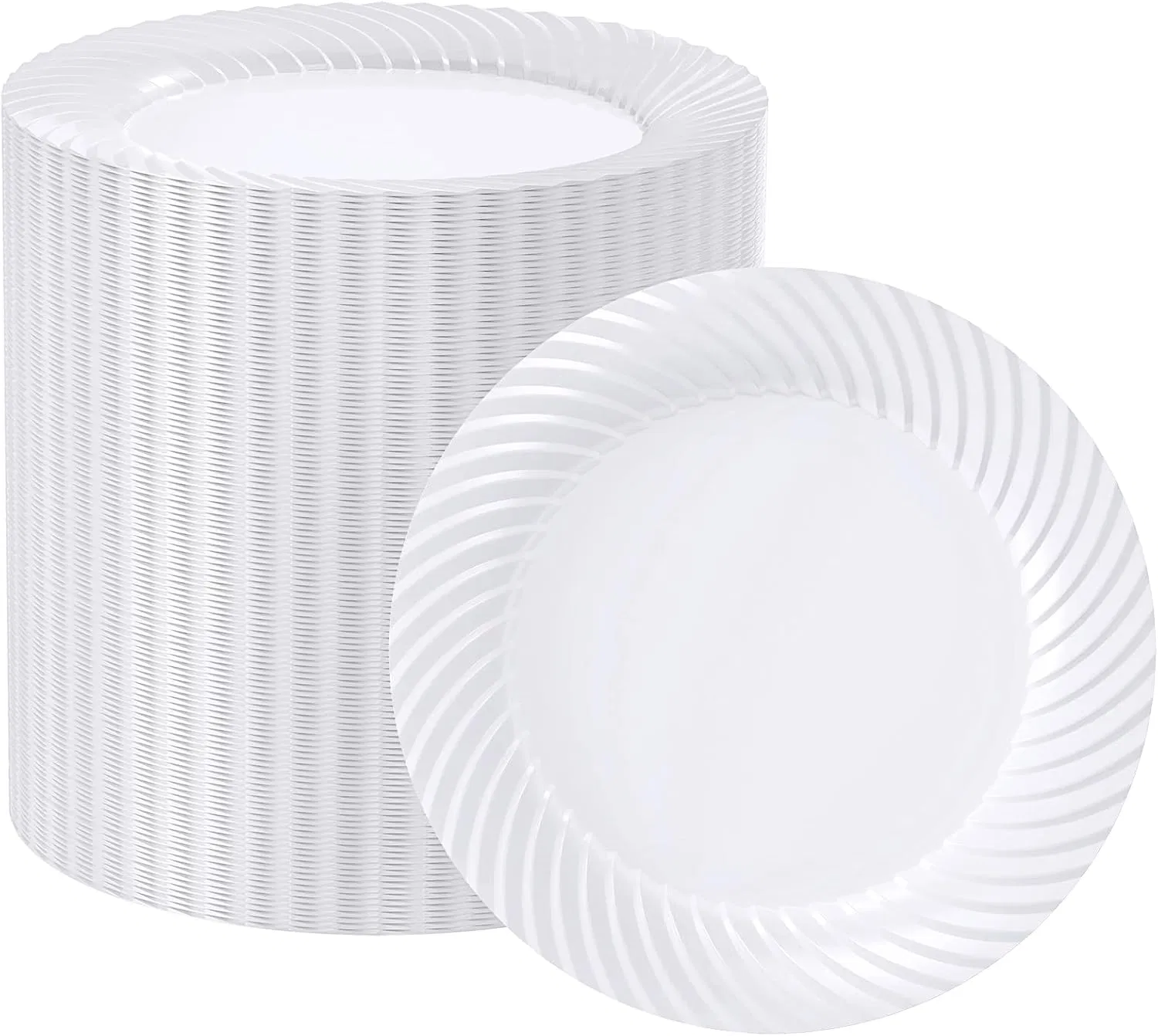 7 Inch White Plastic Plates with Threaded Rim Disposable Heavy Duty Salad Dessert Plates, Premium Hard Plastic for Weddings, Parties and Events
