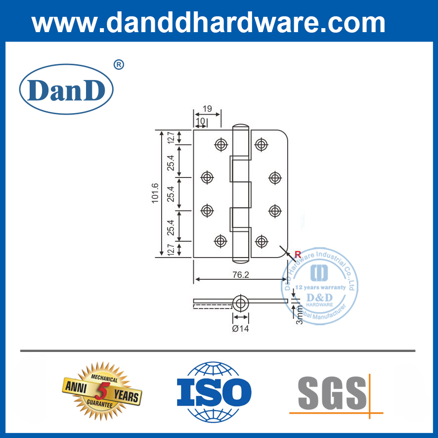 S/Steel One Round Corner One Square Corner Wooden Door Hinge Butt Hinges