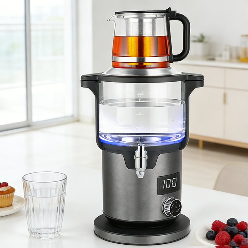 Household Use Modern Black Double Glass Kettles Temperature Control 4.5L 2000W Turkish Style Electric Black Samovar with Tea Pot