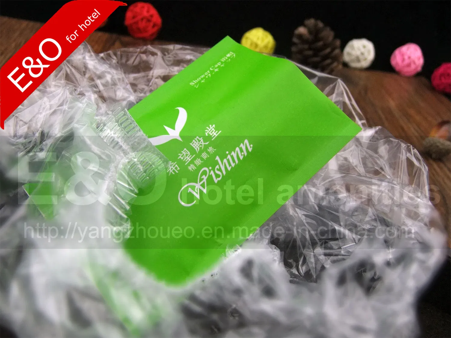 Hotel Amenities Disposable Plastic Shower Cap in Aluminum Foil Bag