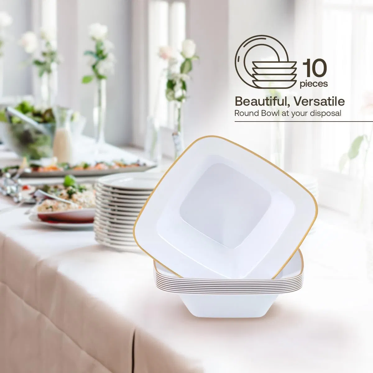 Elegant White Plastic Bowls with Gold Trim for Parties