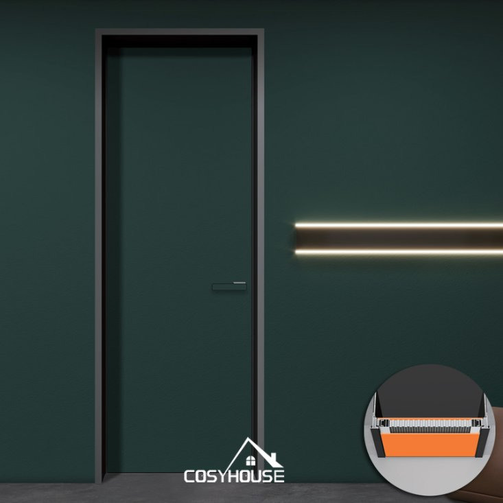 Sophisticated Hidden Wood Door with Slim Aluminum Border for Urban Interiors