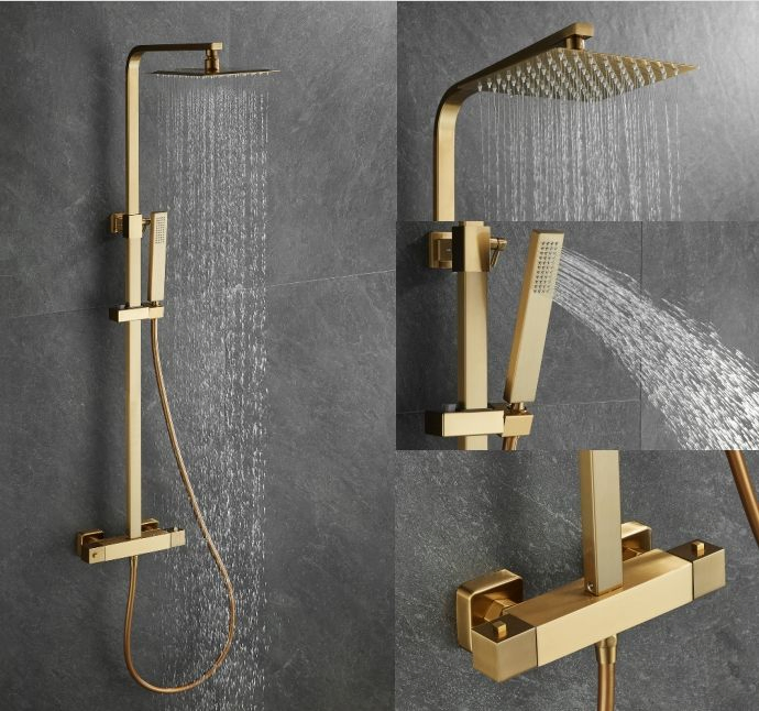 High Quality Fashion Style Square Thermostatic Shower Brushed Gold Bathroom Shower Set