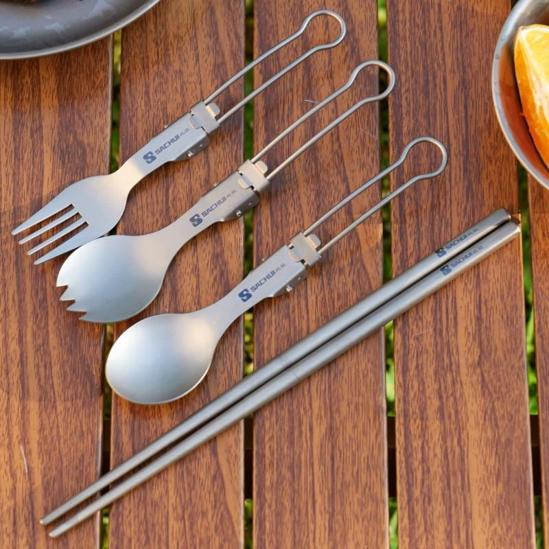 Folding Titanium Spoon with Shiraz Bowl Outdoor Folding Chopsticks Set